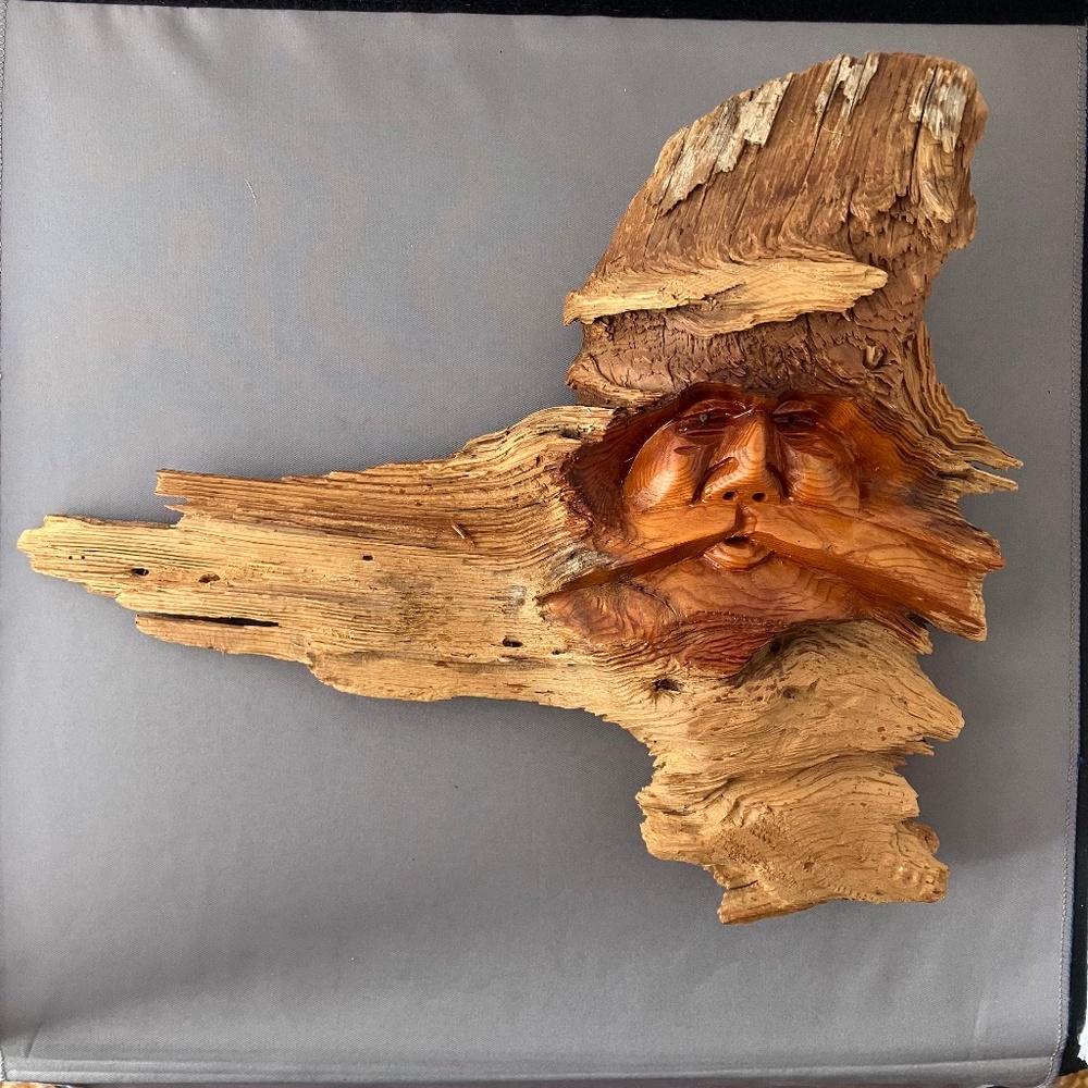 Wood Craving of Man's face w/ hat and mustache